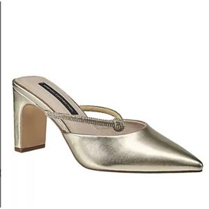 French Connection Gold Metallic Rhinestone Strap Pointed Toe Block Heel Mules 7